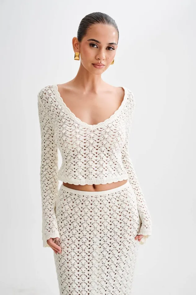 Women Meshki Tops Anais Scalloped Long Sleeve Knit Top 8211 Ivory