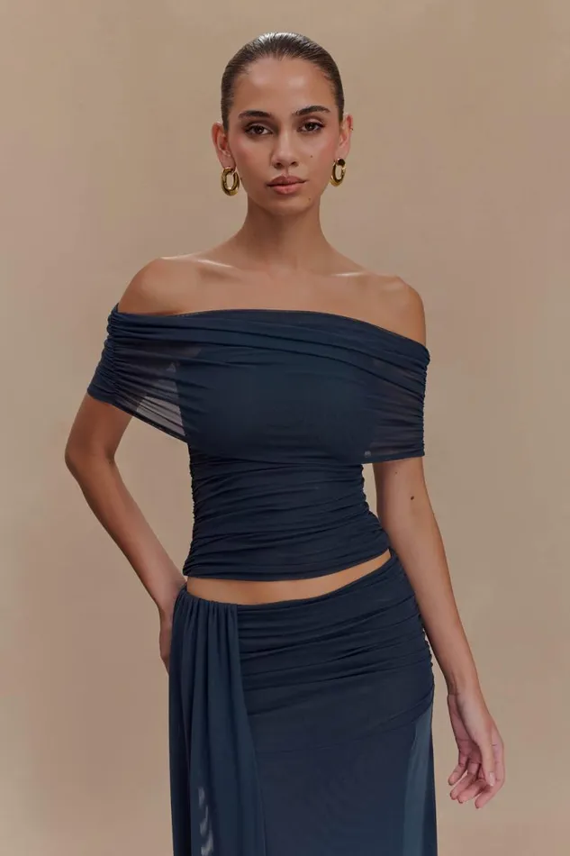 Women Meshki Tops Arna Off Shoulder Mesh Crop Top 8211 Midnight Blue
