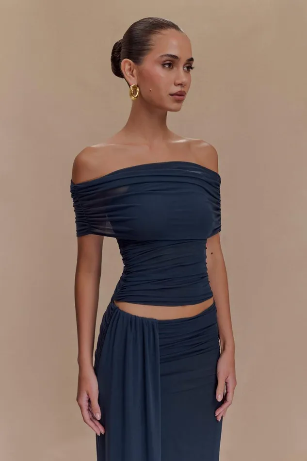Women Meshki Tops Arna Off Shoulder Mesh Crop Top 8211 Midnight Blue