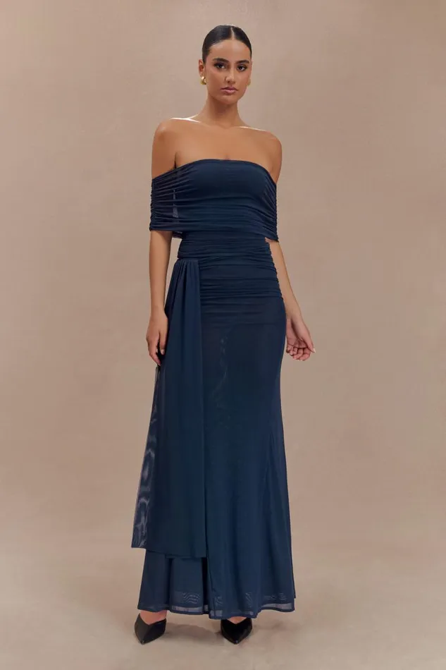 Women Meshki Tops Arna Off Shoulder Mesh Crop Top 8211 Midnight Blue