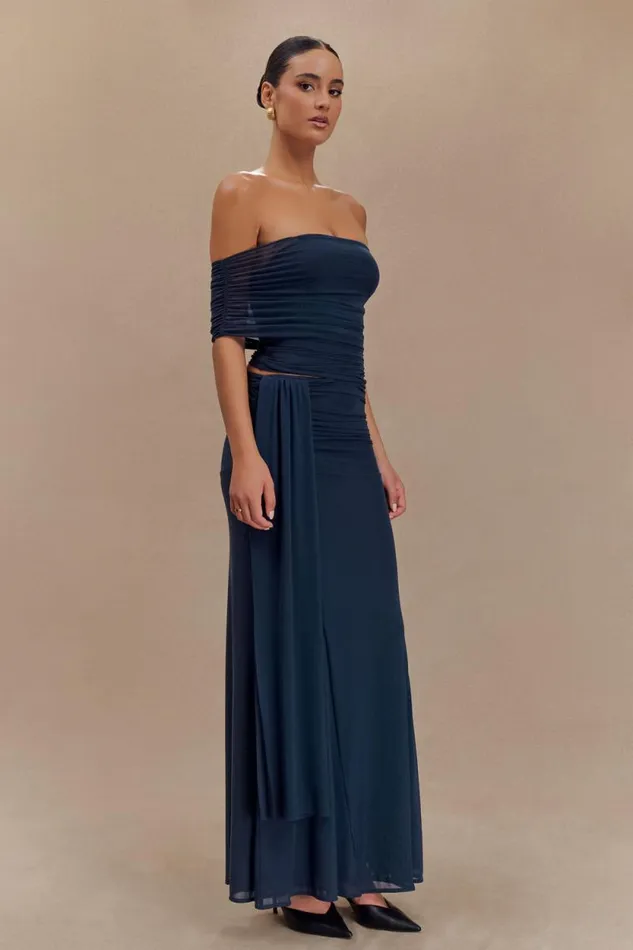 Women Meshki Tops Arna Off Shoulder Mesh Crop Top 8211 Midnight Blue