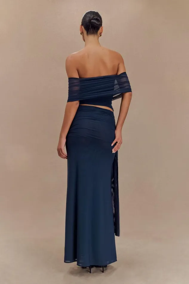 Women Meshki Tops Arna Off Shoulder Mesh Crop Top 8211 Midnight Blue
