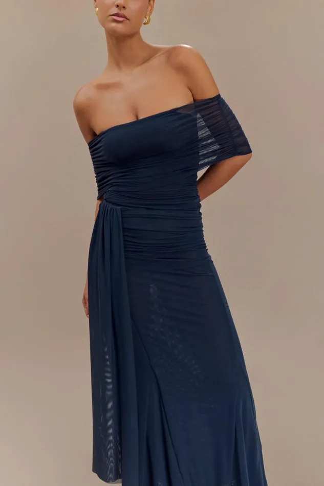 Women Meshki Tops Arna Off Shoulder Mesh Crop Top 8211 Midnight Blue