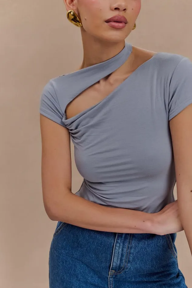Women Meshki Tops Aurelie Cut Out Short Sleeve Top 8211 Slate Grey
