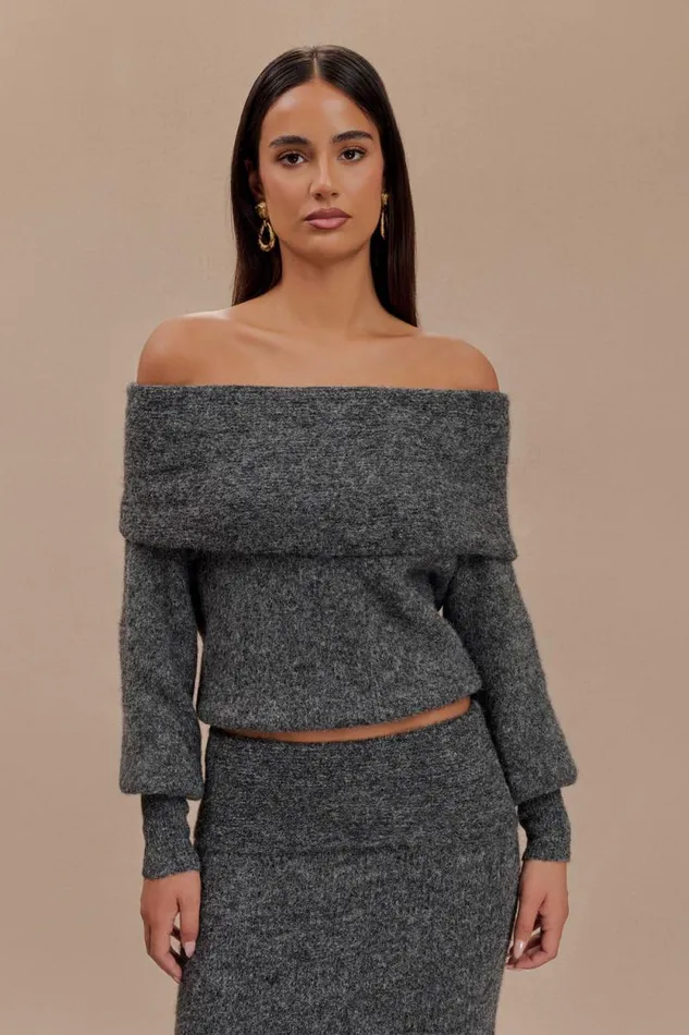 Women Meshki Tops Charlotte Off Shoulder Knit Long Sleeve Top 8211 Charcoal Marle