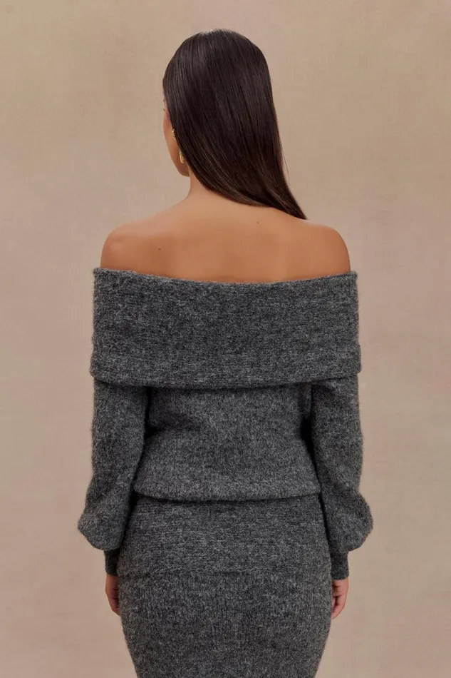 Women Meshki Tops Charlotte Off Shoulder Knit Long Sleeve Top 8211 Charcoal Marle