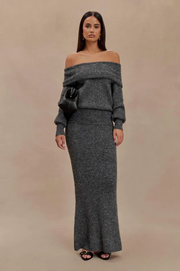 Women Meshki Tops Charlotte Off Shoulder Knit Long Sleeve Top 8211 Charcoal Marle