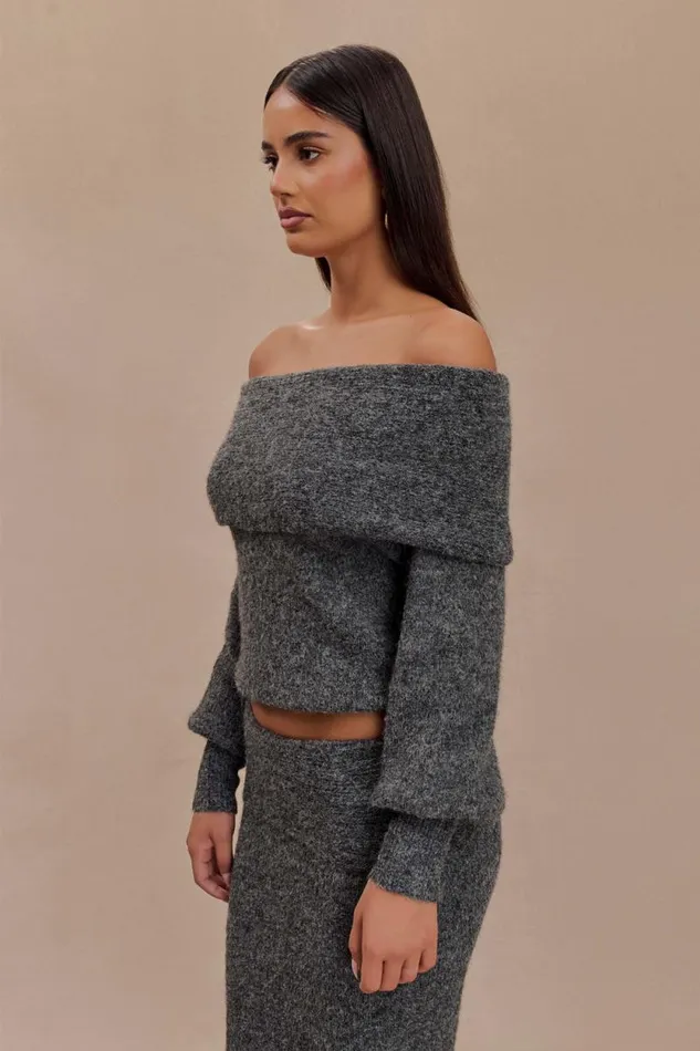 Women Meshki Tops Charlotte Off Shoulder Knit Long Sleeve Top 8211 Charcoal Marle