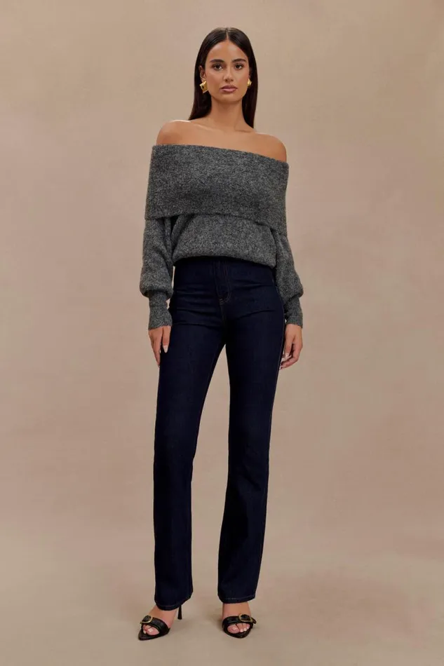 Women Meshki Tops Charlotte Off Shoulder Knit Long Sleeve Top 8211 Charcoal Marle