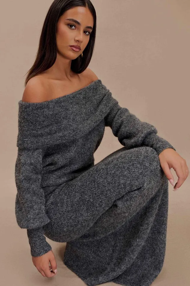 Women Meshki Tops Charlotte Off Shoulder Knit Long Sleeve Top 8211 Charcoal Marle