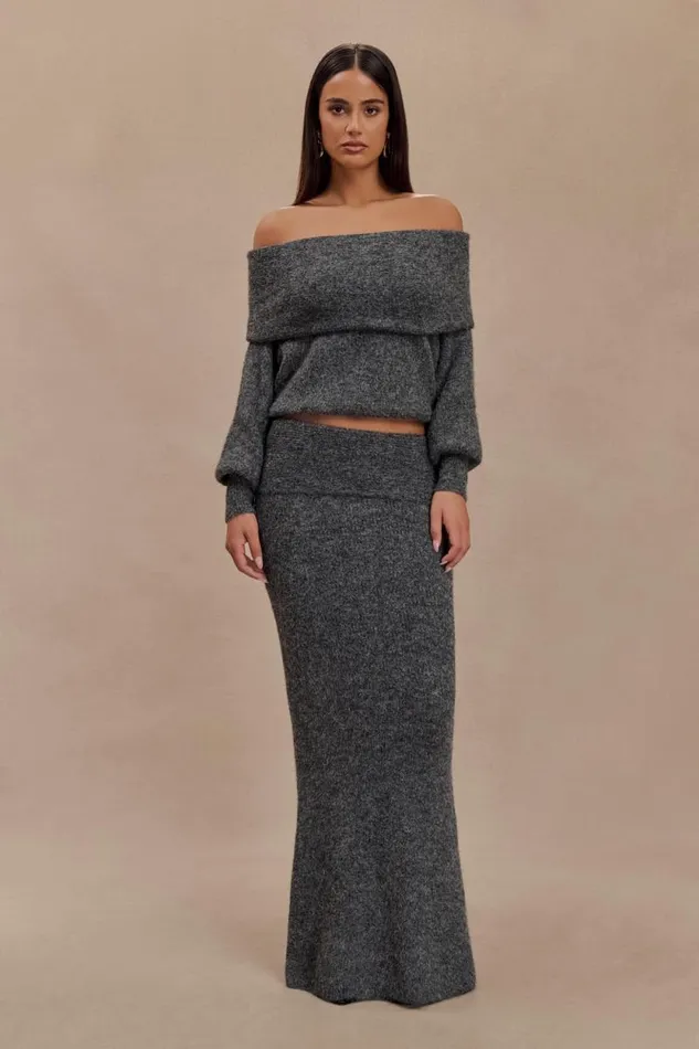 Women Meshki Tops Charlotte Off Shoulder Knit Long Sleeve Top 8211 Charcoal Marle