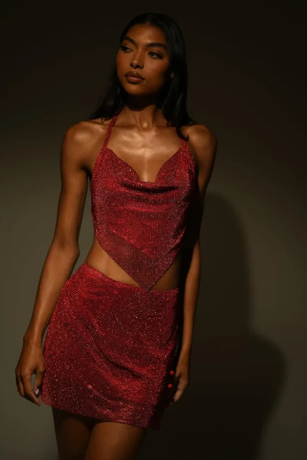 Women Meshki Tops Daphne Diamante Cowl Neck Halter Top 8211 Red Women Meshki Tops Daphne Diamante Cowl Neck Halter Top 8211 Red