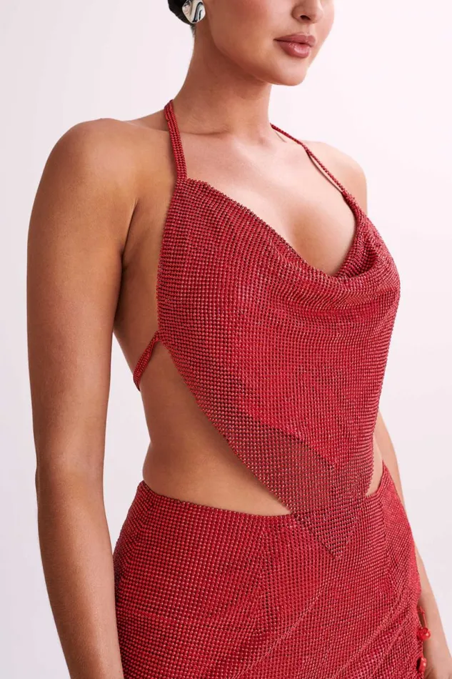 Women Meshki Tops Daphne Diamante Cowl Neck Halter Top 8211 Red Women Meshki Tops Daphne Diamante Cowl Neck Halter Top 8211 Red