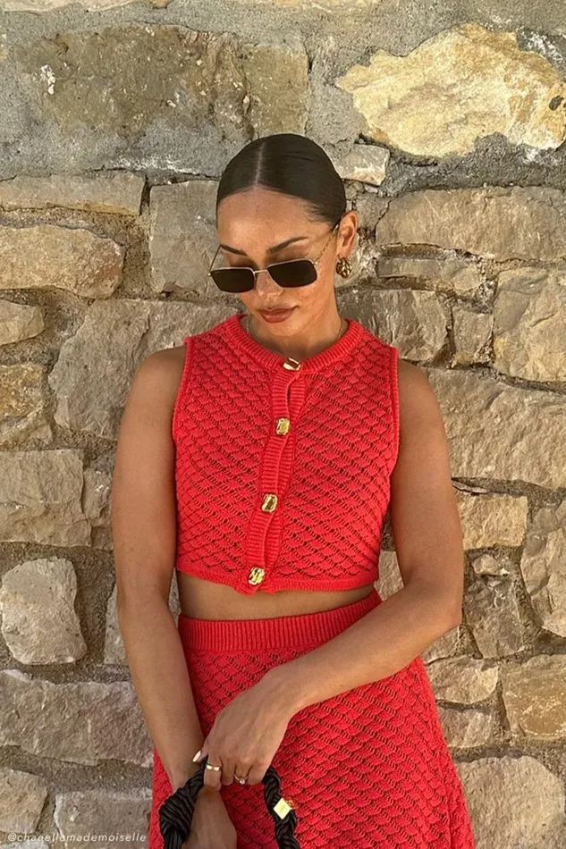 Women Meshki Tops Lorenza Crochet Button Down Crop Top 8211 Pomegranate