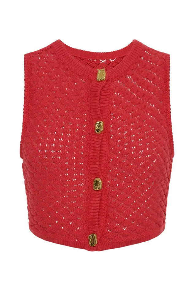Women Meshki Tops Lorenza Crochet Button Down Crop Top 8211 Pomegranate