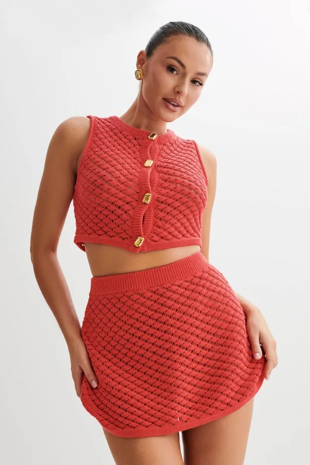Women Meshki Tops Lorenza Crochet Button Down Crop Top 8211 Pomegranate