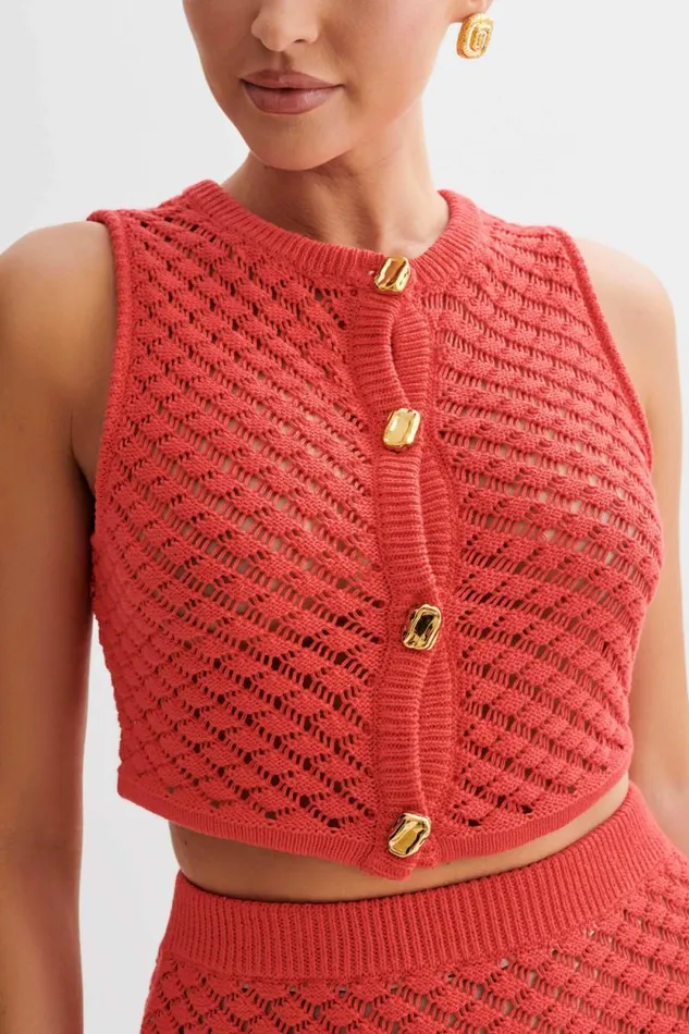 Women Meshki Tops Lorenza Crochet Button Down Crop Top 8211 Pomegranate