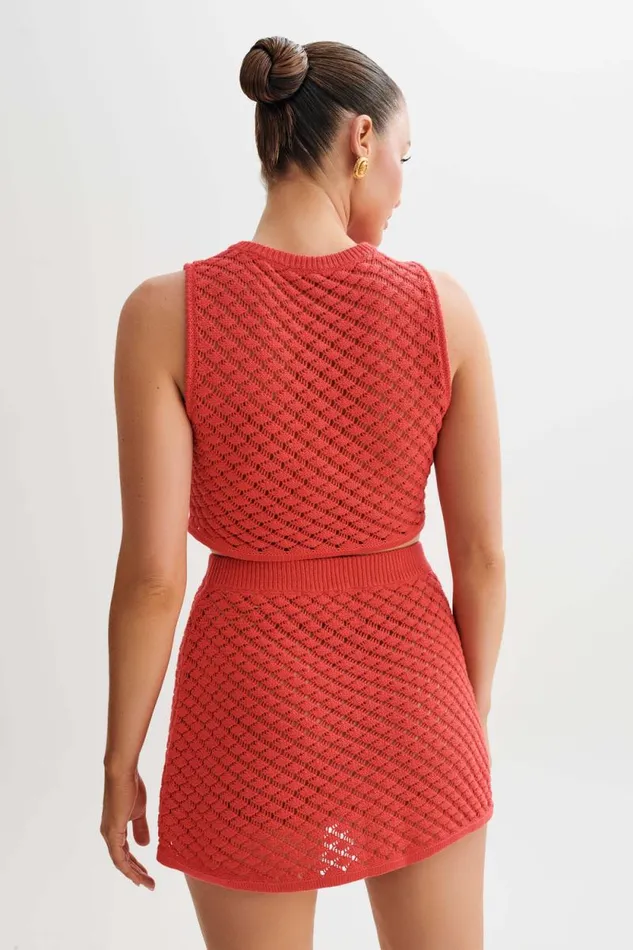 Women Meshki Tops Lorenza Crochet Button Down Crop Top 8211 Pomegranate