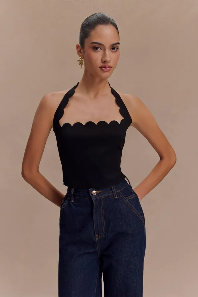 Women Meshki Tops Selena Scalloped Jersey Halter Top 8211 Black