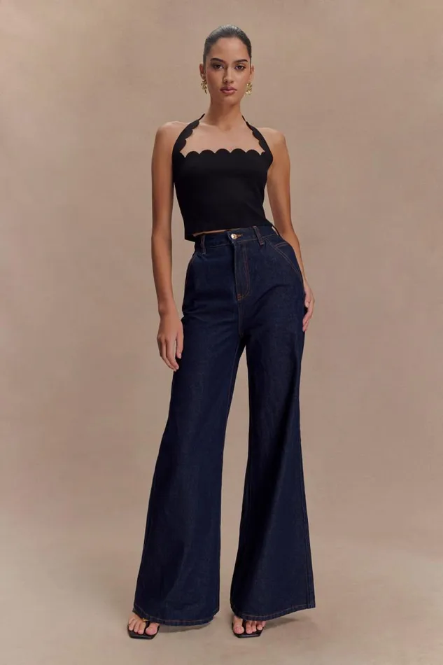Women Meshki Tops Selena Scalloped Jersey Halter Top 8211 Black