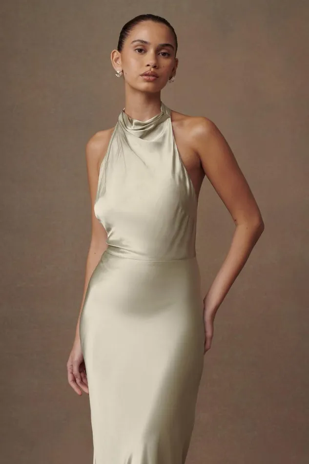 Women Meshki Two Piece Sets Esther Iridescent Satin Cowl Maxi Dress 8211 Sage