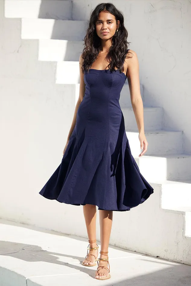 Women MISA Los Angeles Dresses CHERISH DRESS Blue Linen