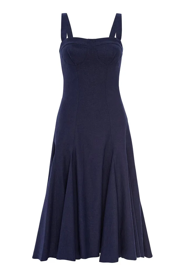 Women MISA Los Angeles Dresses CHERISH DRESS Blue Linen