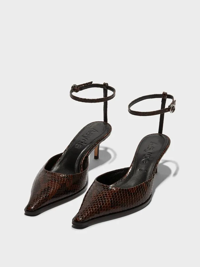 Women Sarina SnakeEffect Leather AnkleStrap Pumps Aeyde Pumps