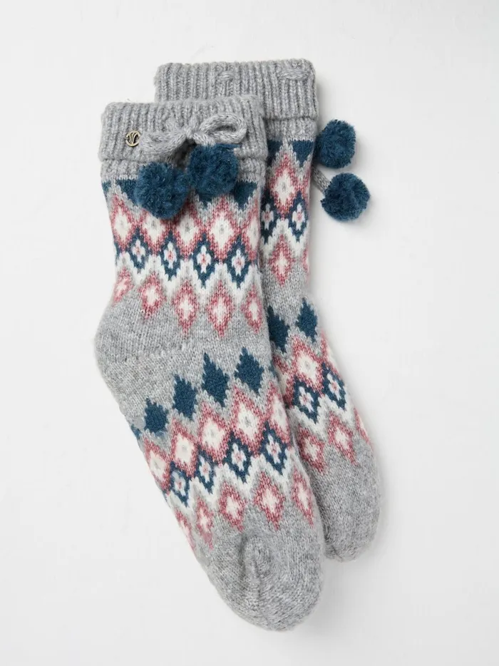 Women Socks and Tights Fat Face Grey Fairisle Pattern Bedsocks