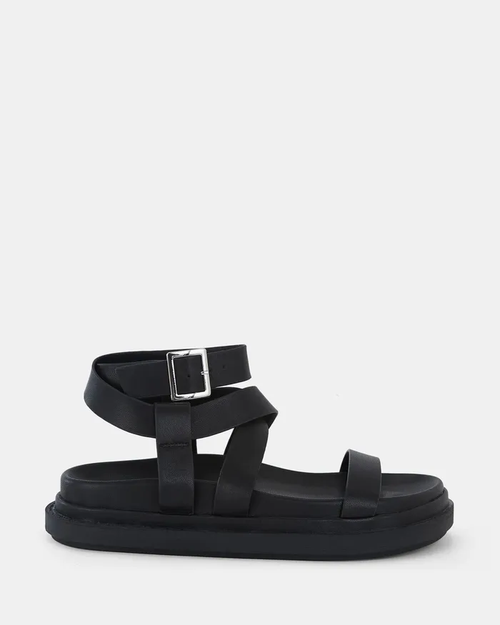 Women TITUS BLACK Strappy Sandals Flat Sandals NOVO Shoes