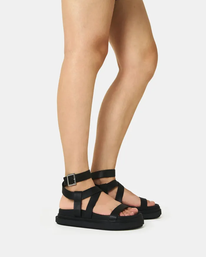 Women TITUS BLACK Strappy Sandals Flat Sandals NOVO Shoes