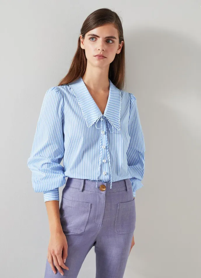 Women Tops LKBennett Beecham Blue And White Stripe CottonRich Blouse Blue White
