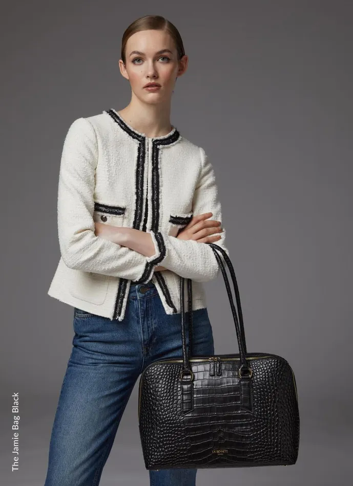 Women Tote Bags LKBennett Jamie Black CrocEffect Leather Tote Bag