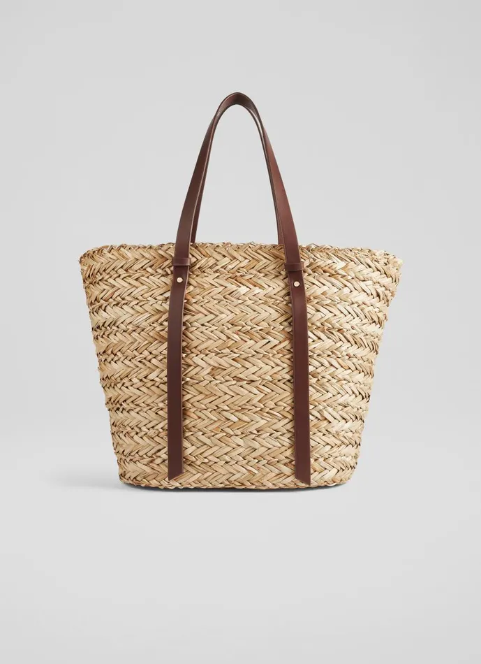 Women Tote Bags LKBennett Viola Natural Straw Brown Handles Basket Bag