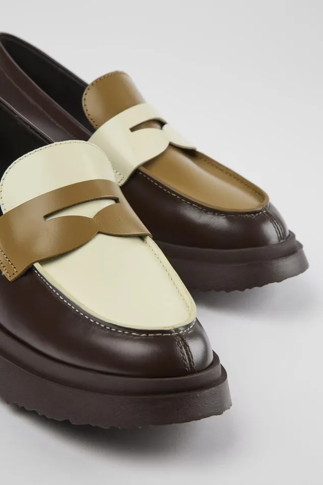Women Twins Brown And White Leather Loafers Camper Formal Shoes
