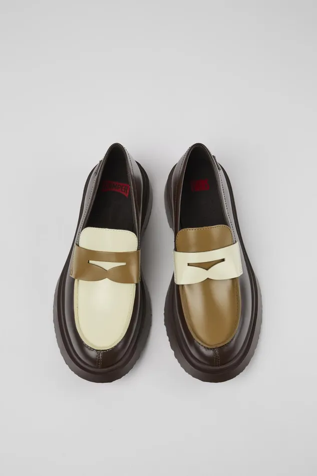 Women Twins Brown And White Leather Loafers Camper Formal Shoes Women Twins Brown And White Leather Loafers Camper Formal Shoes