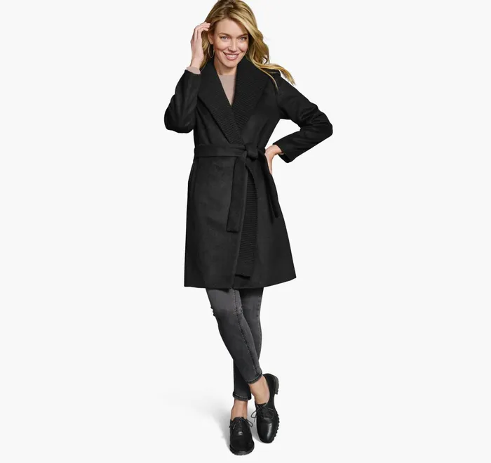 Women WoolBlend Coat With Removable Knit Collar Black JohnstonandMurphy Coats Jackets and Vests Women WoolBlend Coat With Removable Knit Collar Black JohnstonandMurphy Coats Jackets and Vests
